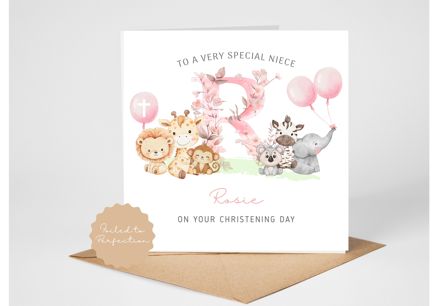 Christening Card - Baby Girl with cute Animals