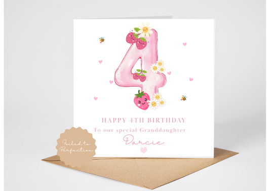 Personalised 4th Birthday Card Strawberries & Daisies